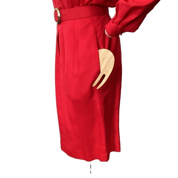 Liz Claiborne 100% Silk Shirt Dress Embroidered Pocket Belted Petite 6 Red #189A - Picture 8 of 13
